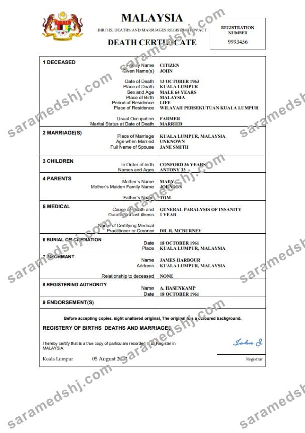 Malaysia death certificate template in Word and PDF format